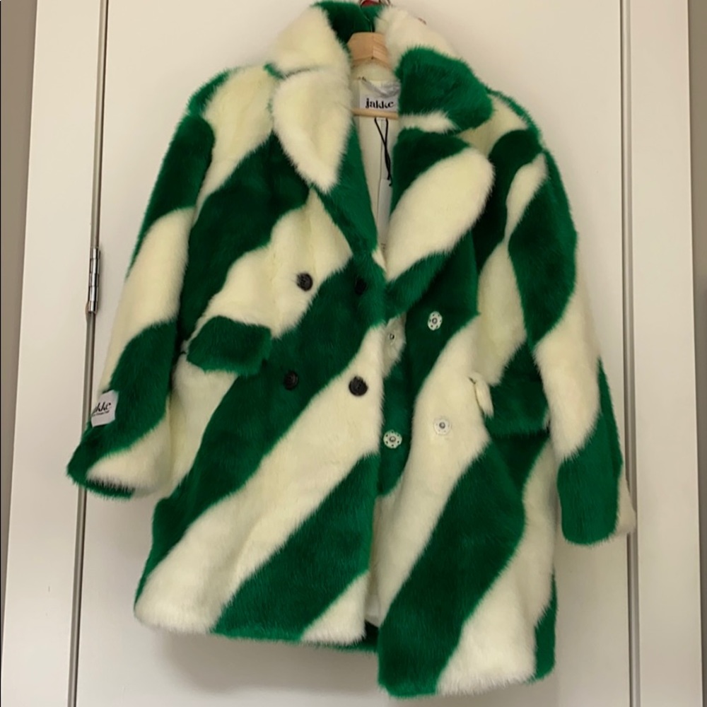 Green & Cream Faux Fur Statement Coat
